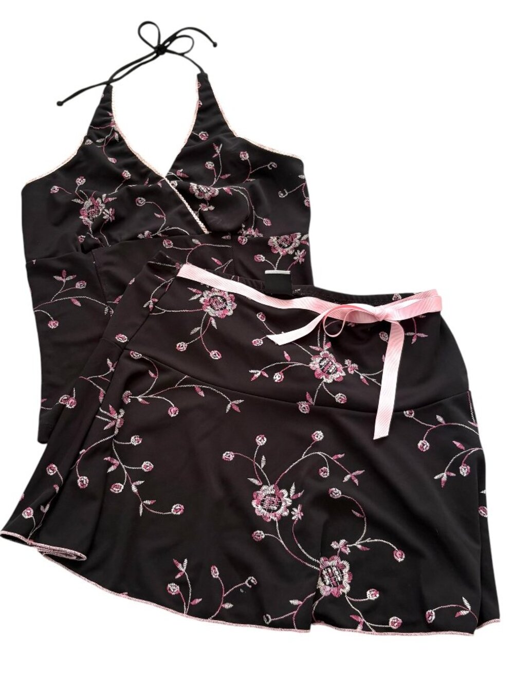 Vtg Y2K Judy Knapp Outfit Set S Black Pink Floral Mini Skirt & Halter Tank Top